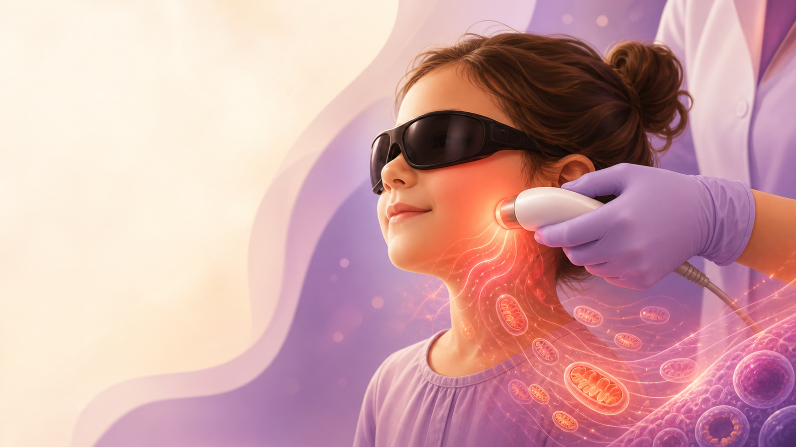 Ilustração educativa da aplicação de luz terapêutica com proteção ocular
