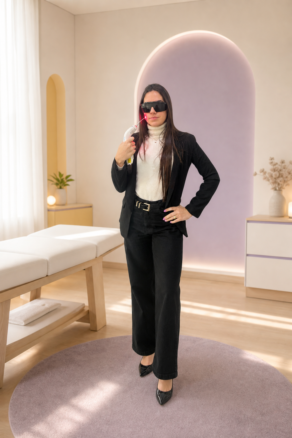 Mariana Freire, fonoaudióloga responsável pela aplicação de fotobiomodulação, usando óculos de proteção e segurando o laser terapêutico
