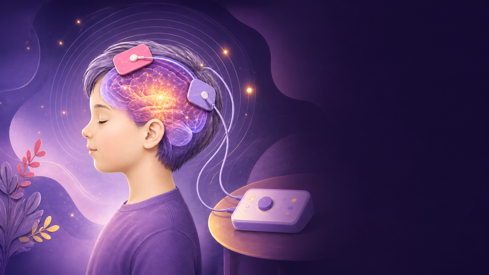 Ilustração educativa da aplicação de tDCS com eletrodos posicionados externamente no couro cabeludo
